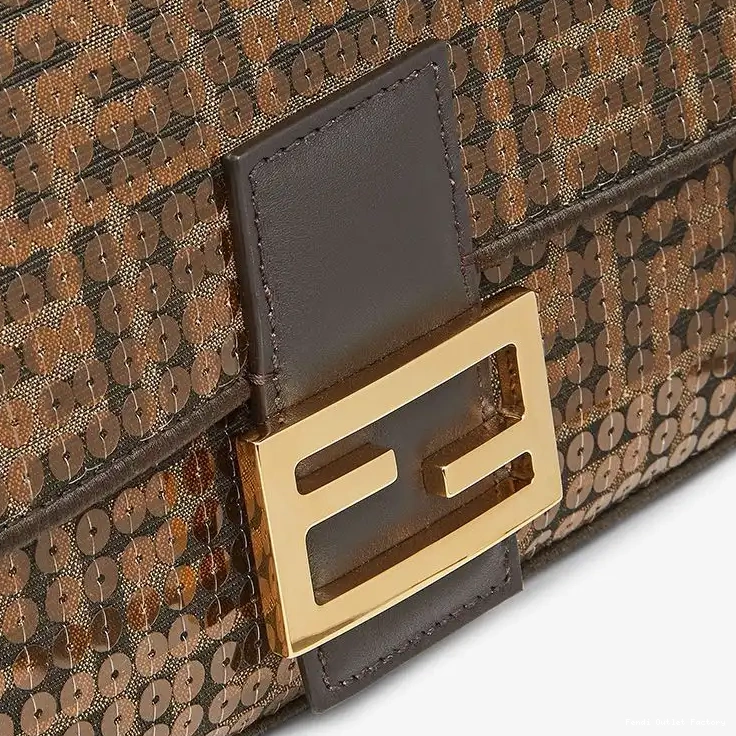 Vintage HOT Bag In with Fabric Brown FF Baguette Fendi Motif Sequins Medium 0521